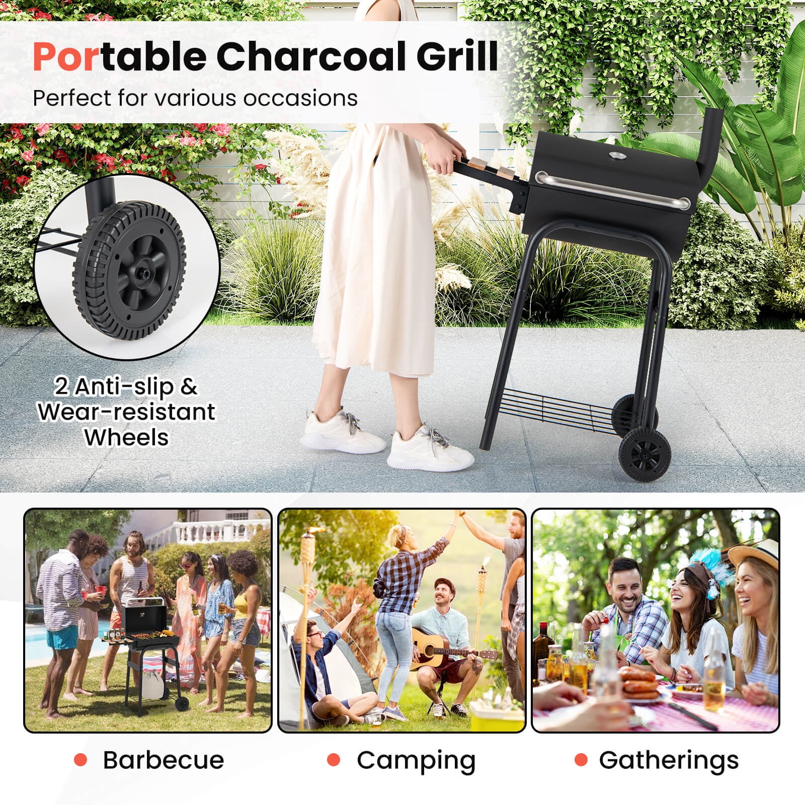 Costway Barrel Charcoal Grill with Foldable Side Table Built-in Thermometer & Storage Shelf