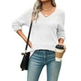thumbnail image 2 of Womens 2025 Fall Casual Long Sleeve Ribbed Knit V Neck Light-Weight Crochet Pullover Sweater White M, 2 of 7