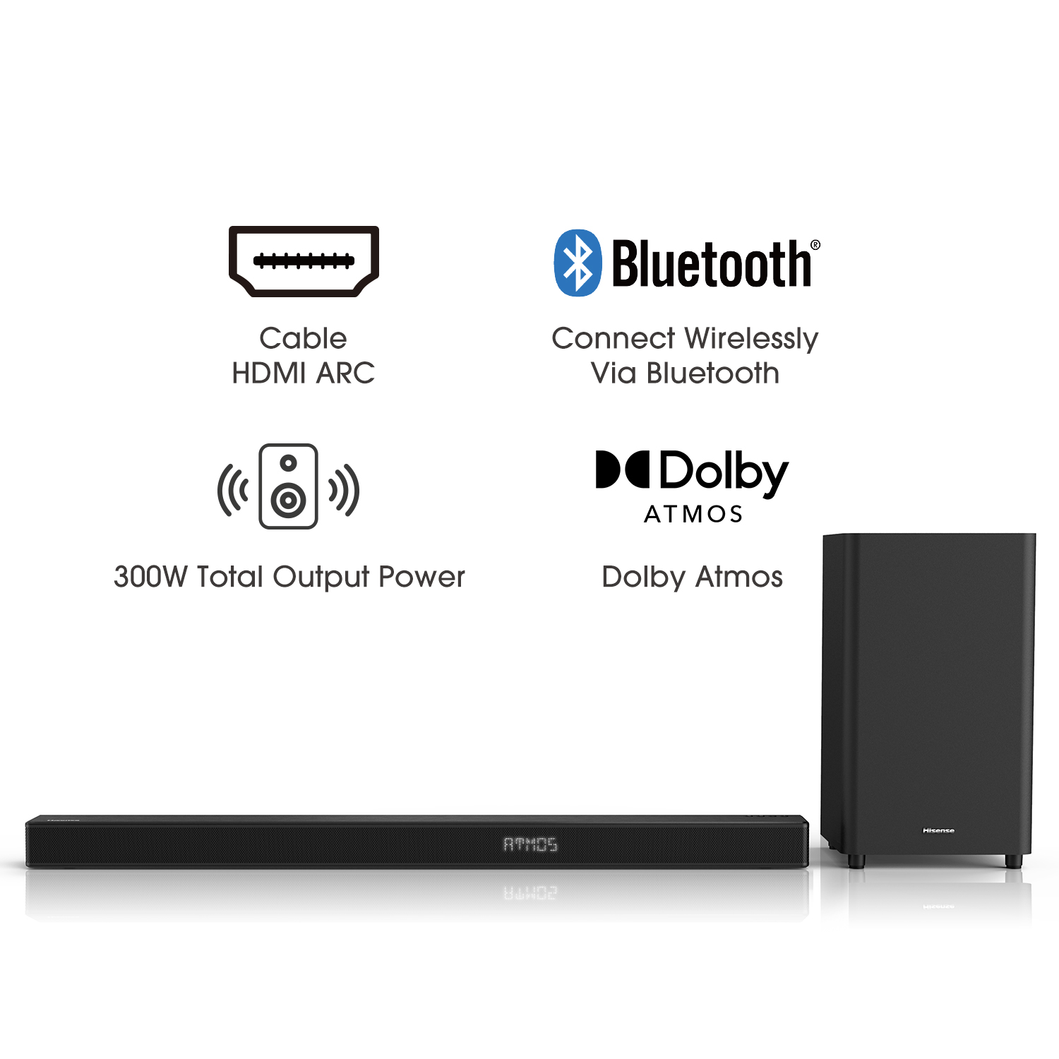 Hisense HS312 3.1ch Sound Bar with Wireless Subwoofer, 300W, Dolby Atmos, 4K Pass-Through, Cinematic Experience, One Remote Contorl, Bluetooth, HDMI ARC/Optical/AUX/USB (Model HS312) Black - image 2 of 22