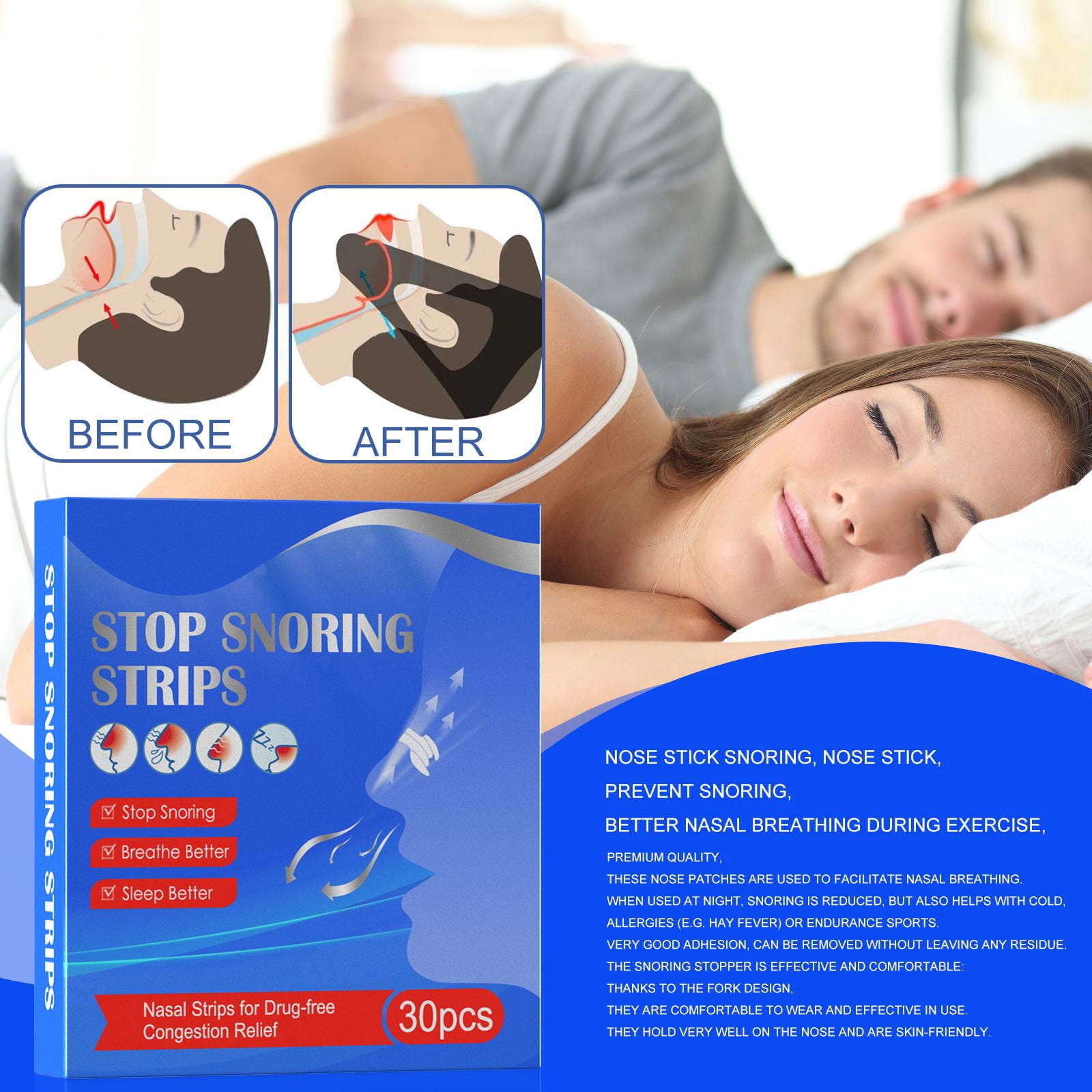 Alvantor Nasal Strips for Breathing, Extra Strength Nose Strips for Snoring Relief, Nasal Congestion & Sleep Aid, 30 Count