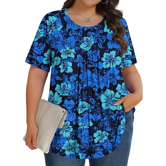 Otvok Womens Plus Size Tops Crew-Neck Short-Sleeved Pleated Loose Blouses