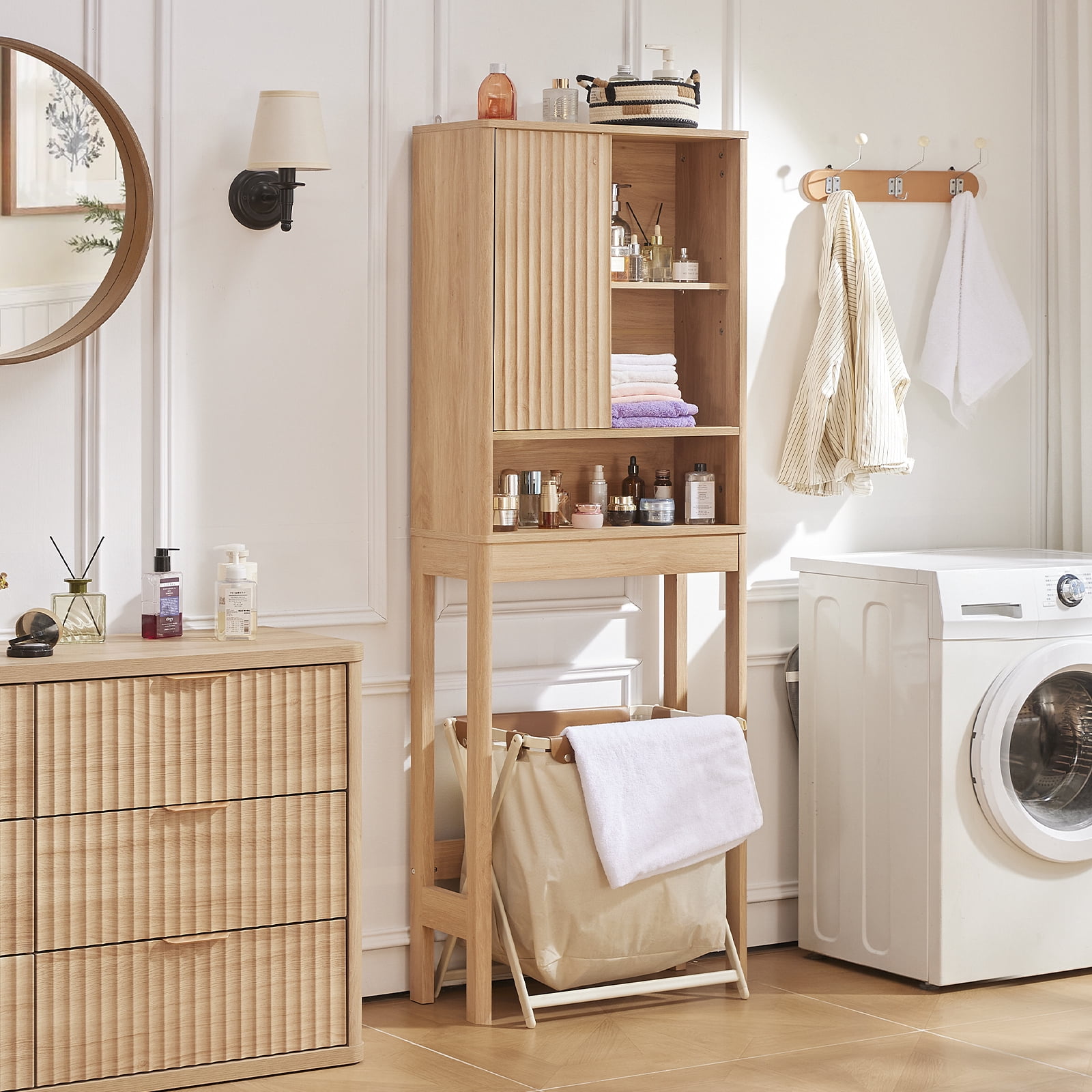 LELELINKY Over The Toilet Storage Cabinet with Rattan Sliding Door, 68" Tall Wood Bathroom Organizer with Adjustable Shelf for Small Spaces, Natural