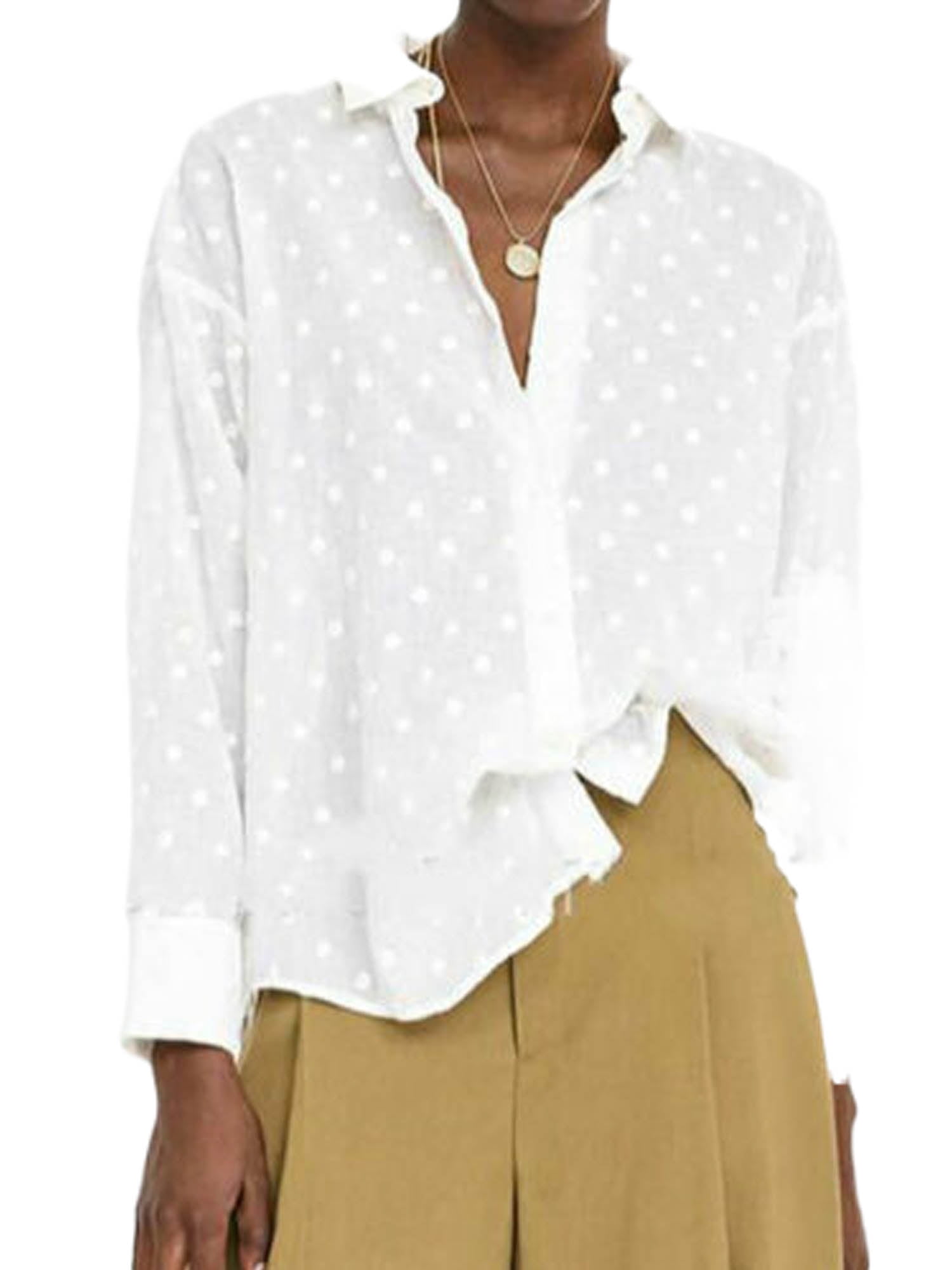 Nituyy Women's White Polka Dot Blouses Button Down Long Sleeve Pom Pom  Blouse Shirts Sheer Mesh Cover Up Tops