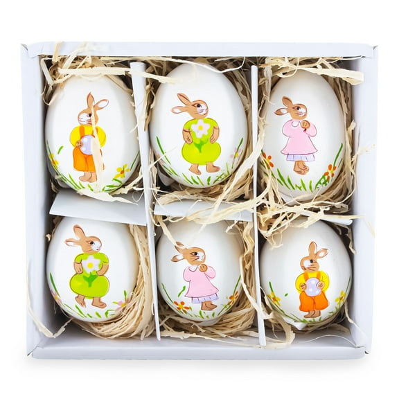 Set of 6 Real Eggshell Hand Painted Bunny Easter Egg Ornaments 2.5 Inches