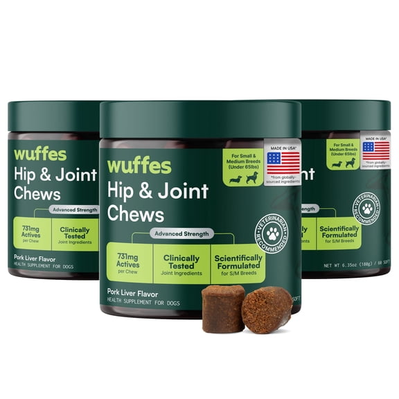 Wuffes Chewable Dog Hip & Joint Supplement - Glucosamine & Chondroitin Chews - Dog Joint Supplements & Vitamins - Extended Joint Care (Small&Medium Breeds (0-65 lbs), 180 Chews (Pack of 3))
