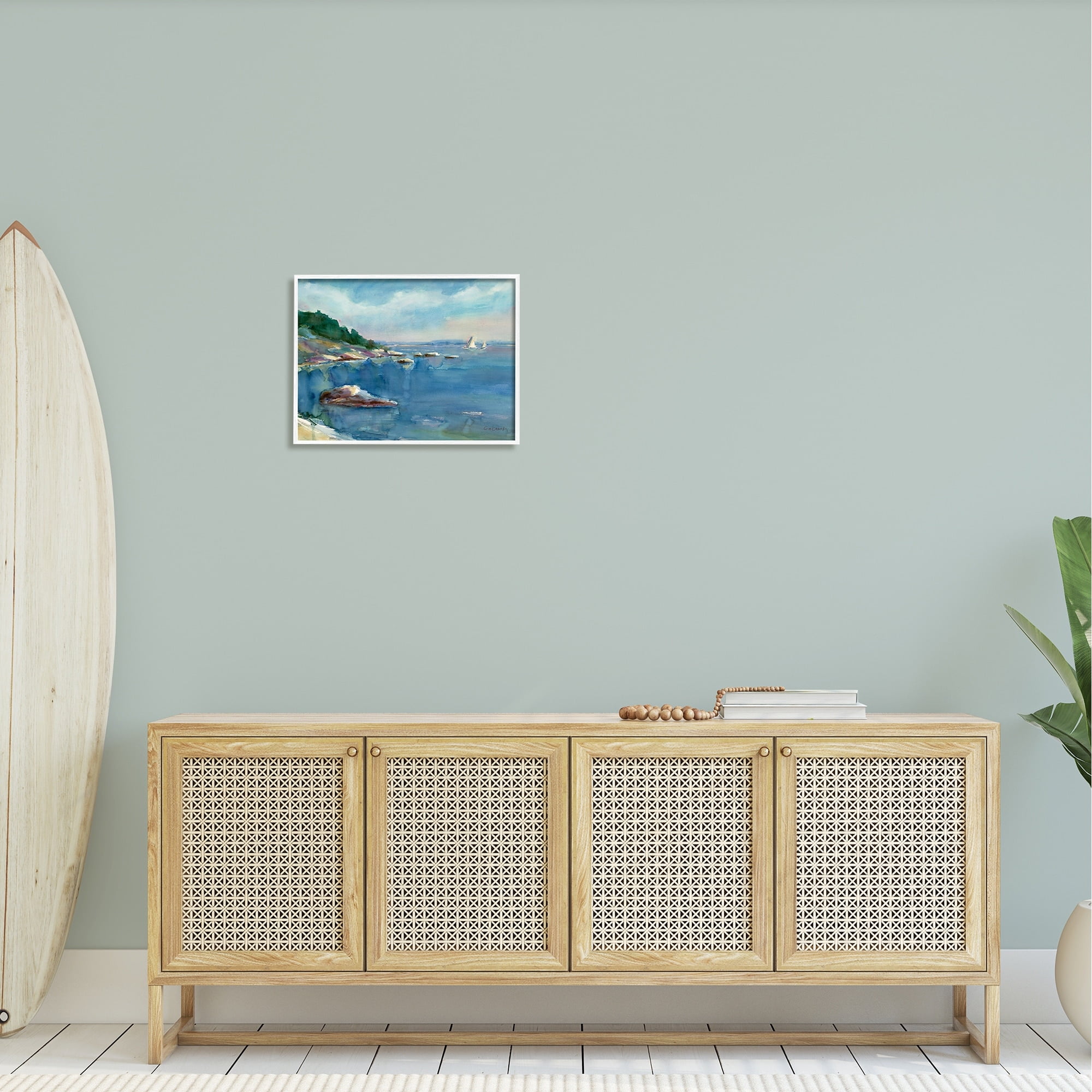 Stupell Industries Boats Floating Rocky Beach Cliffs Watercolor Detail Painting White Framed Art Print Wall Art, Design by Stephen Calcasola