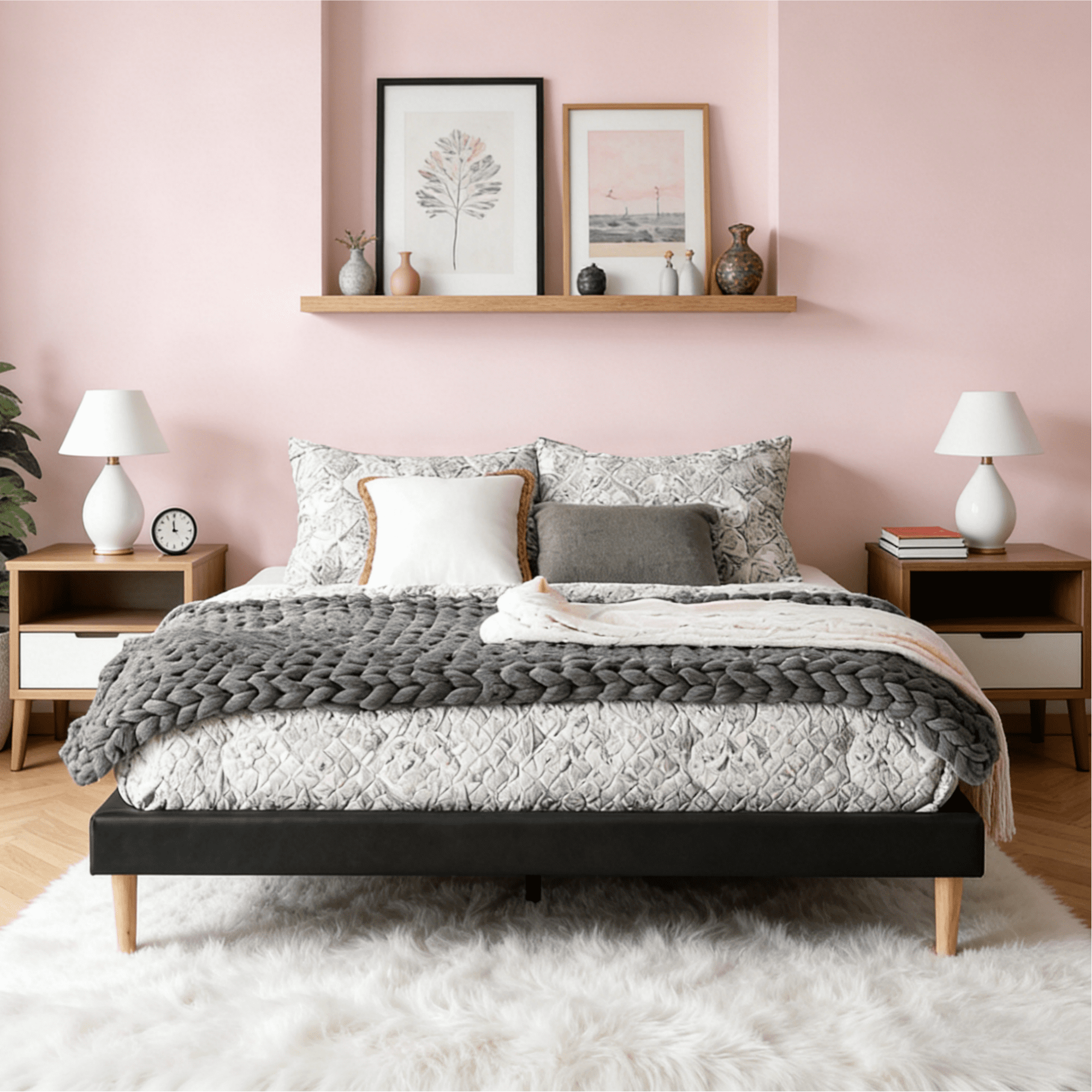 Gewnee Queen Size Platform Bed Frame, Faux Leather Upholstered Slat Base, Black, No Box Spring Required