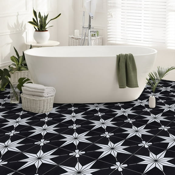 Abyssaly 12.2 inch x 12.2 inch (10 Pcs) Peel and Stick Floor Tile Black White Star Vinyl Flooring DIY Removable Flooring Tile for Bathroom Kitchen Bedrooms Staircase, Covering 10 Sq.ft.