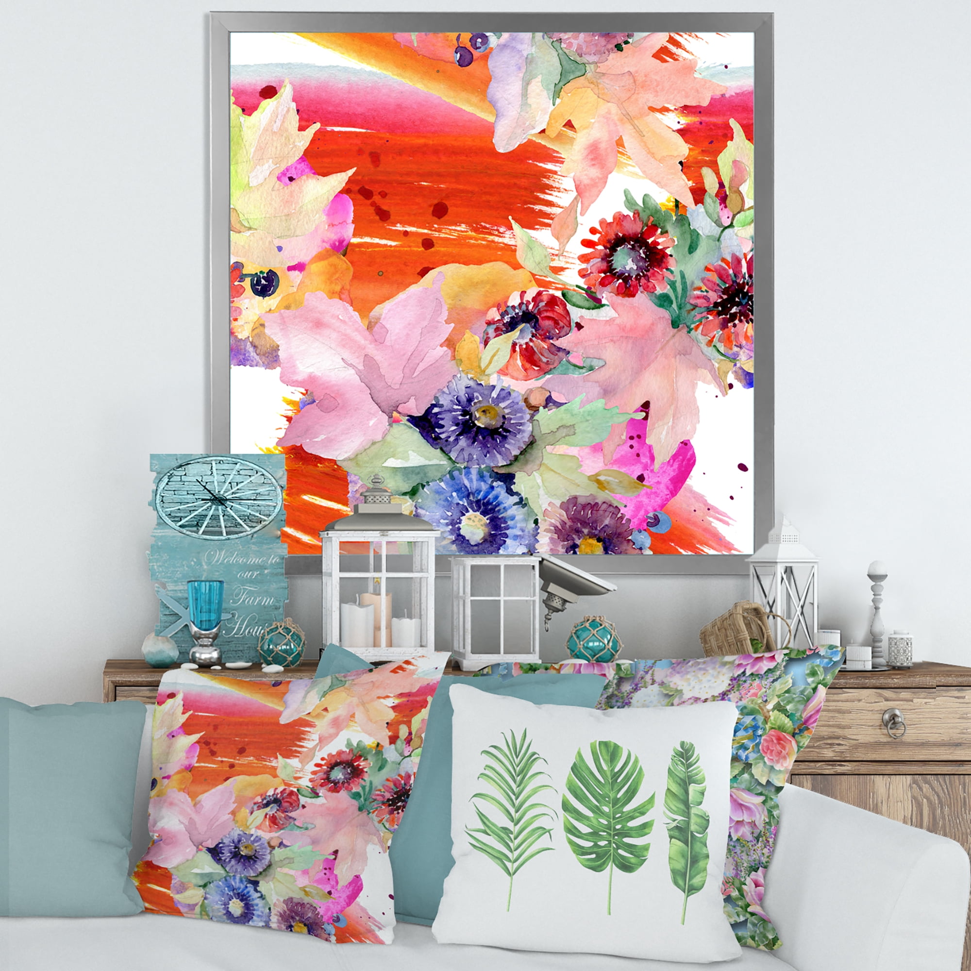 Wildflowers and Vibrant Wild Spring Leaves VII 36 in x 36 in Framed Painting Canvas Art Print, by Designart