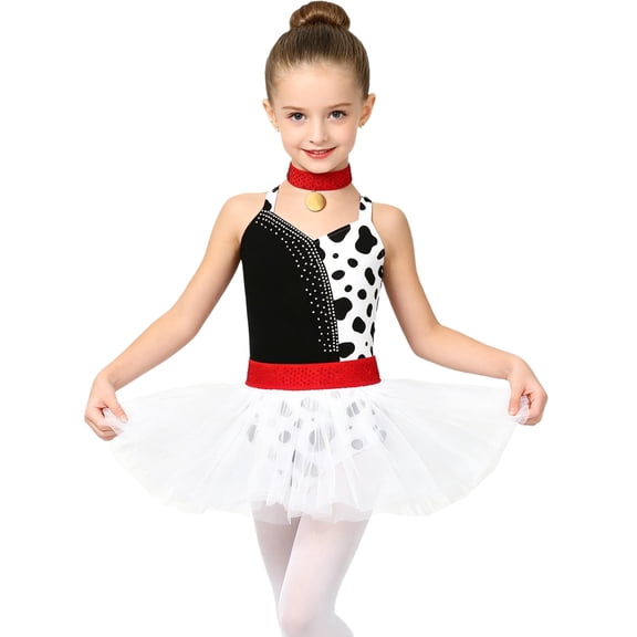 YiZYiF Girl's Ballet Leotards Sparkly Sleeveless Mesh Dance Dress Tutu Ballerina Dalmatian Outfits Black White 14