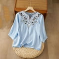 thumbnail image 2 of Levmjia Women's Tops Fashion V-Neck Pullover Cotton Linen Blouse Mid Sleeve Embroidered Casual Polyester Comfortable Shirt Spring Summer, 2 of 5