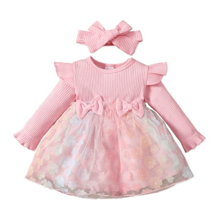 

PatPat PatPat 2pcs Baby Girl Pink Mesh Dress Set Ribbed Long Sleeve Splicing 3D Butterfly Appliques Princess Dress Pageant Party Birthday Wedding Flower Girl Dress 3-24Month