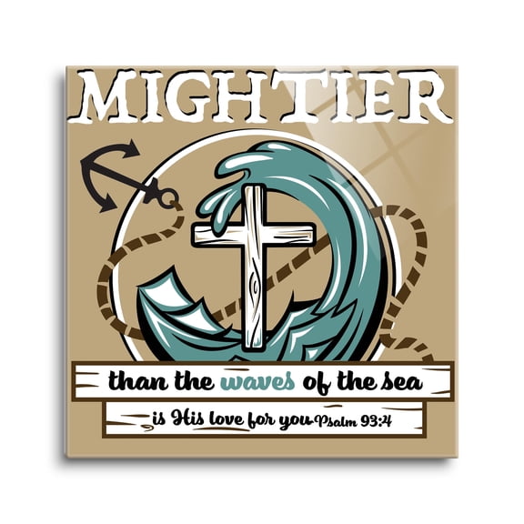 Mightier Sea His Love Tan Anchor Cross 12 x 12 Glass Wall Hanging Sign