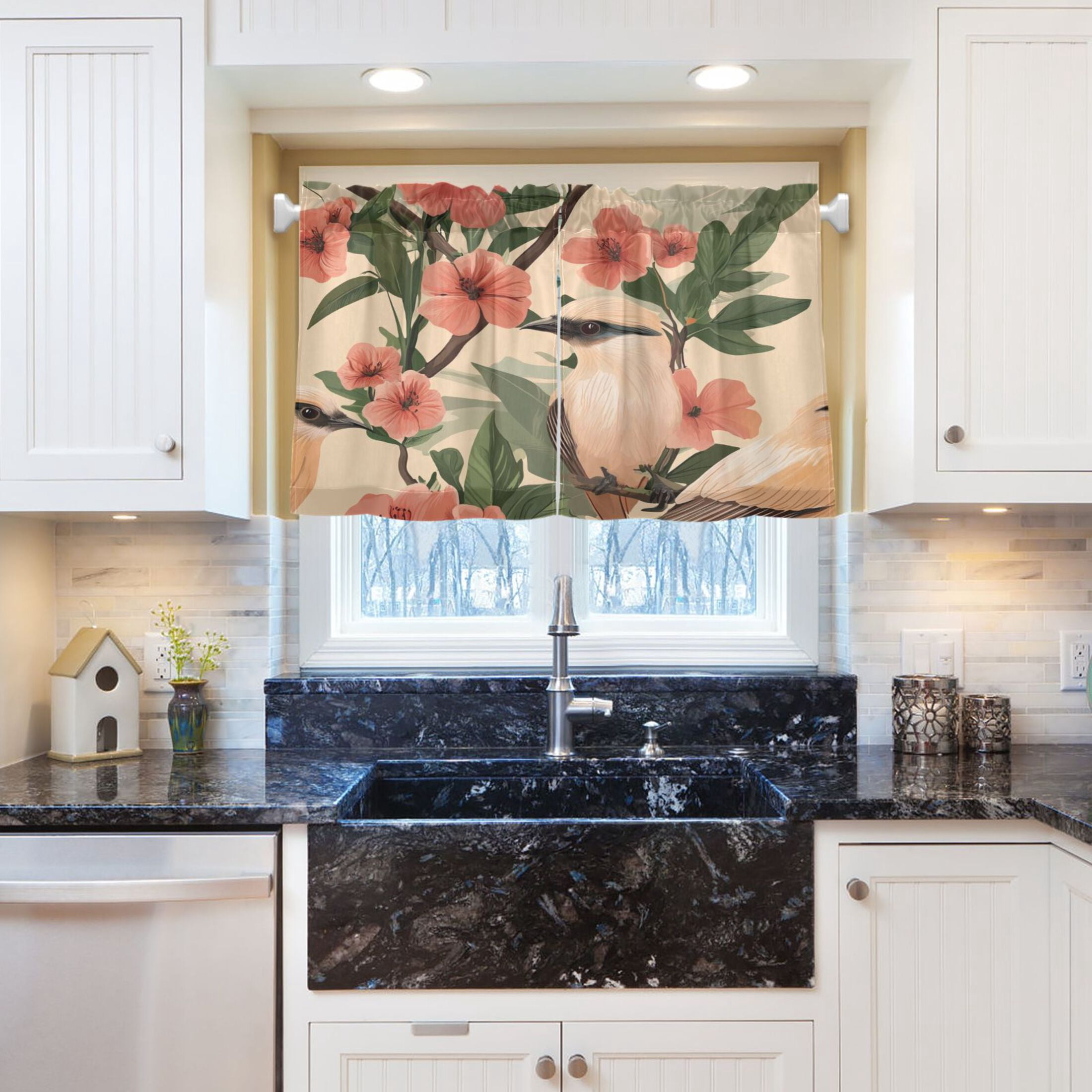 Charming Birds and Flowers 27"x36" Linen Look Cafe Curtain Set with Privacy and UV Protection
