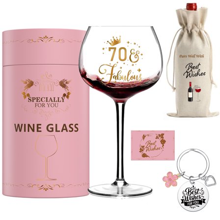 GALOFAY 70th Birthday Wine Glasses Gifts for Women, Cool Personalized Art Words Red Wine Glass Set, Pink Gift Package with Goblet, Wine Bag, Key Chain, and Card for 70 Years Old Woman