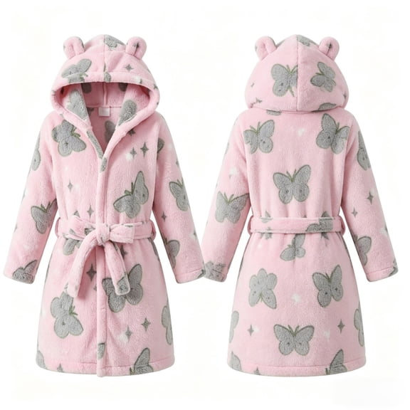 LYMAYTER Kids Hooded Robe Girls Flannel Bathrobe Pajamas Cute Cartoon print Mid Length Bathrobe for 1-7Y Toddler