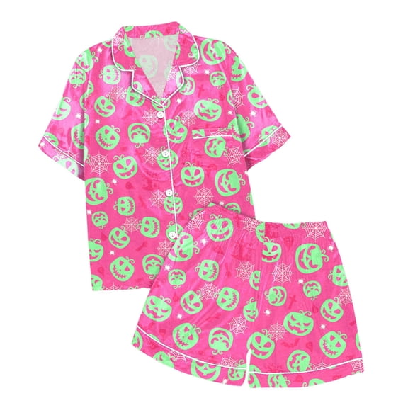 Juosiy Women Halloween Graphic Printed Pajama Set Short Sleeve Lapel Button Down Tops and Shorts Sets
