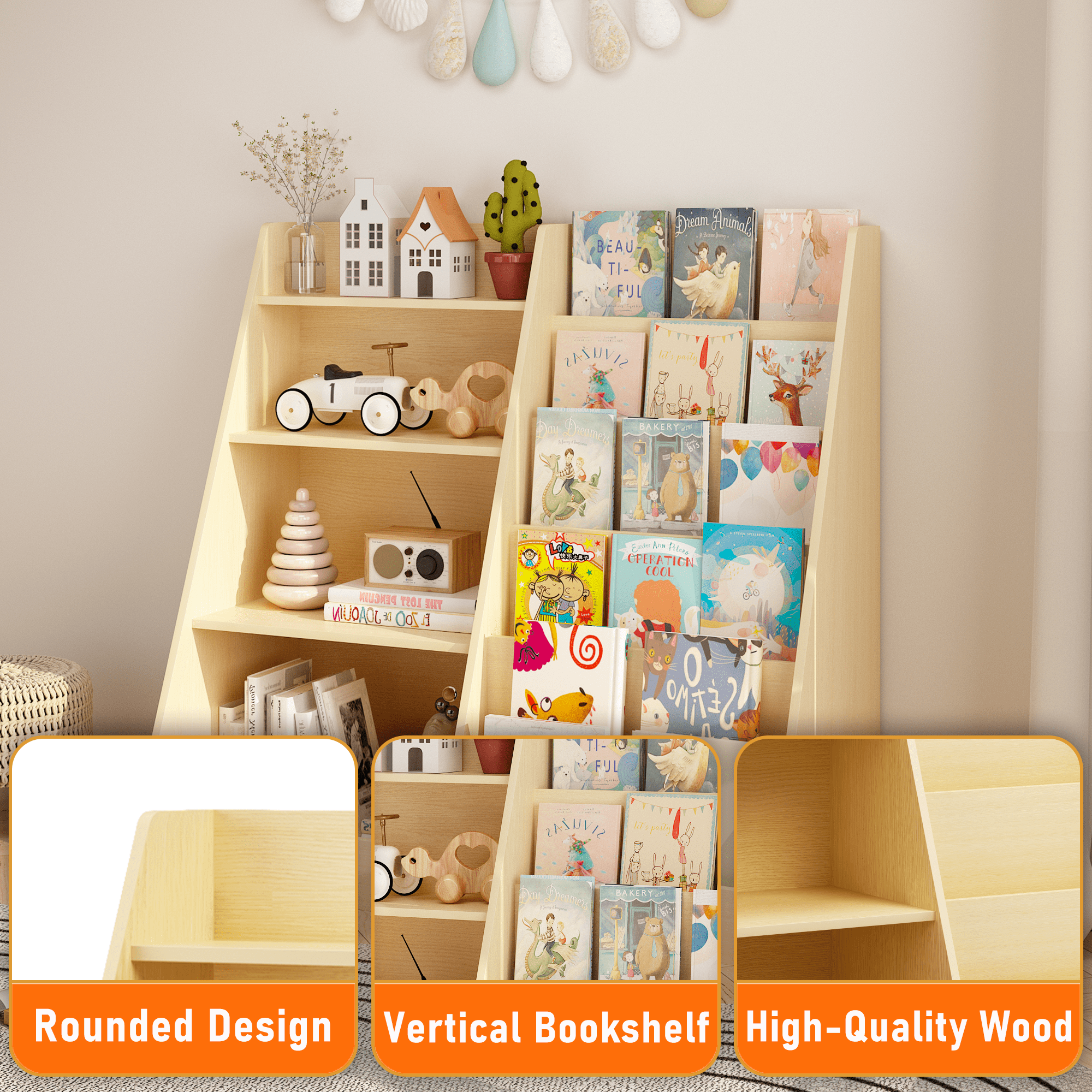 4 Tier Wooden Kids Bookshelf, MDF Multifunctional Bookcase Toy Storage Organizer with Anti-Tip Device, Display Stand for Toddlers, Ideal for Kids Room Playroom Nursery Living Room