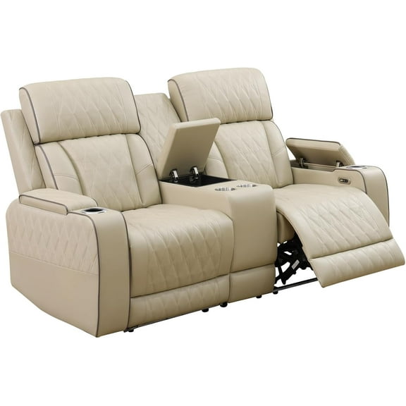 2 seat Beige Breathing Leather Living Room Recliner Loveseat Reclining Sofa Leather Couch with LED/USB Ports/Cup Holders