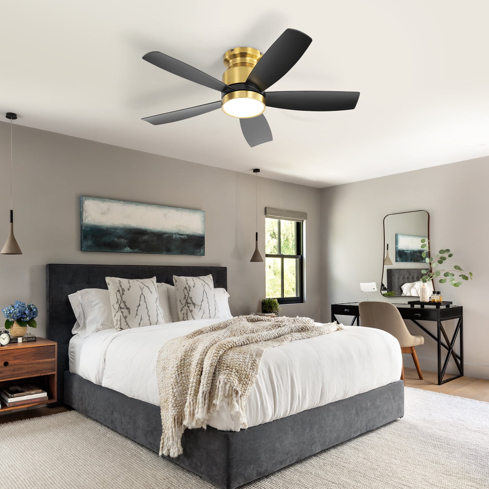 42 Inch Flush Mount Ceiling Fans with LED Light 22W and Remote Control 5 ABS Fan Blades for Indoor