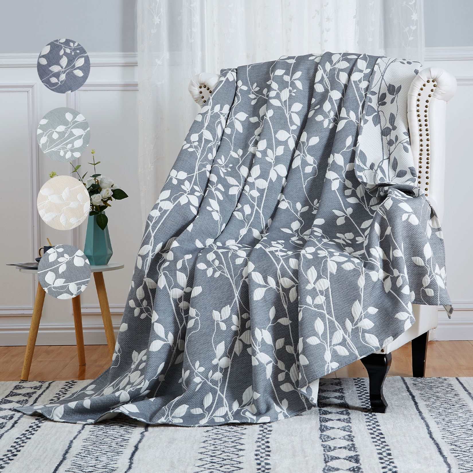 GlowSol Gray Blanket King Size Soft Leaf Pattern Cotton Quilted Polyester Filling Muslin Bed