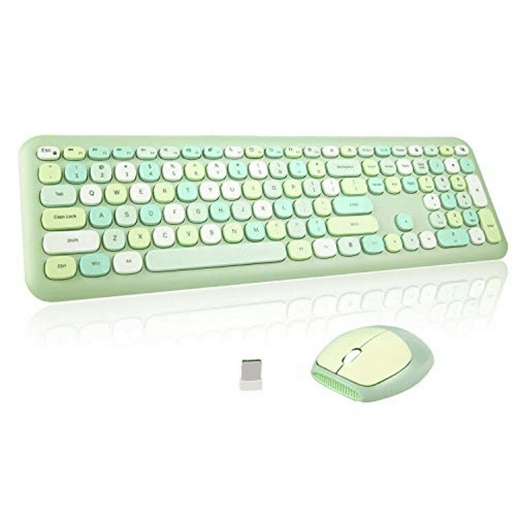 Wireless Keyboard Mouse Combo, 2.4GHz USB Green Keyboard with 112 Colorful Round Retro Style Key, Letton Cute Office Computer Keyboards Silent and Wireless Mouse Set for Mac PC Laptop ST-001