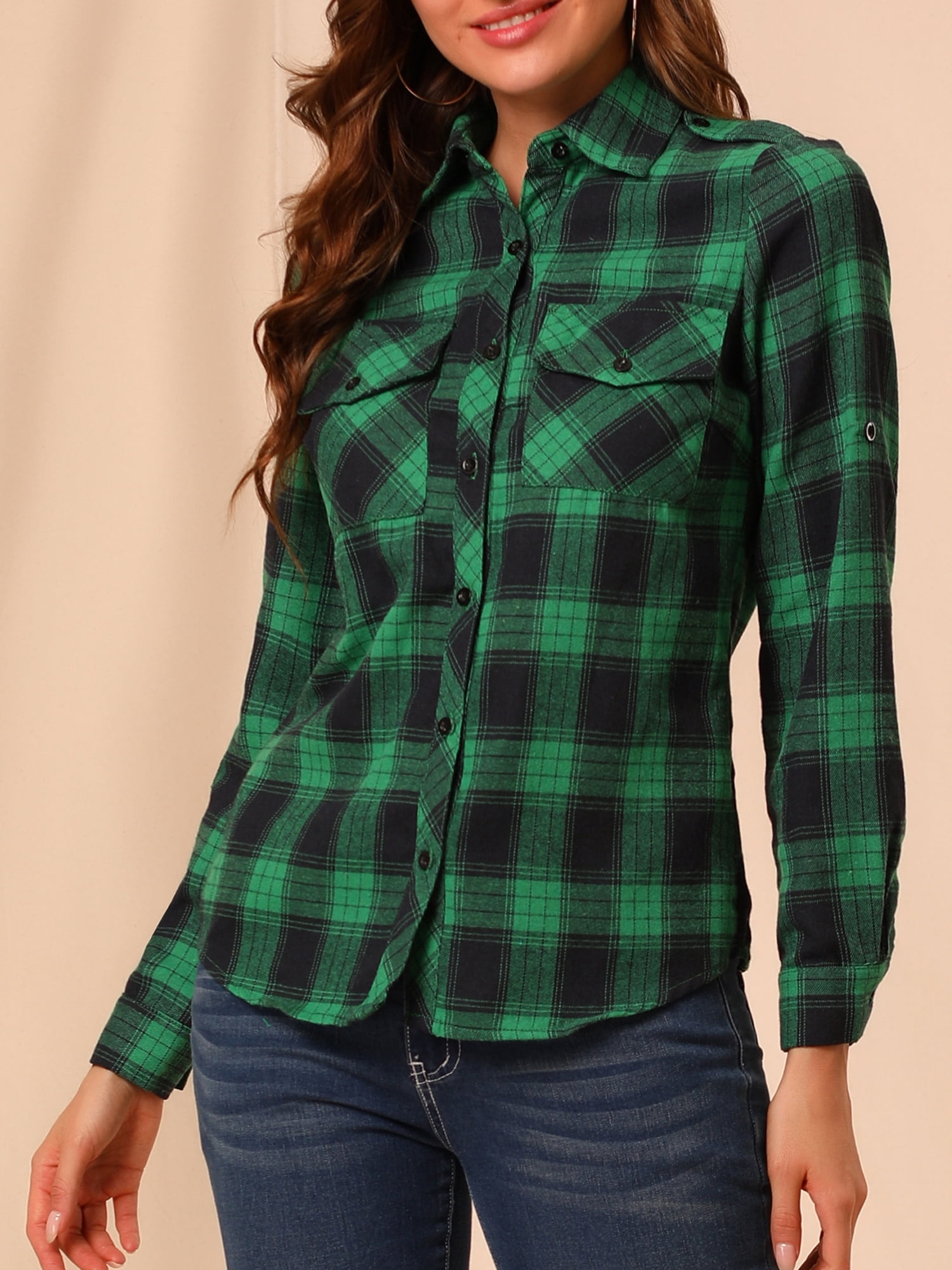 Unique Bargains Women's Halloween Costume Check Roll Up Sleeves Button Down Shirt