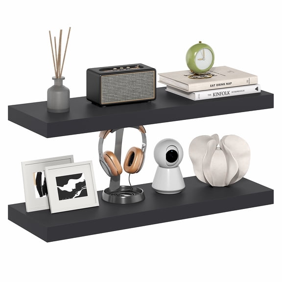 Furinno TANNA Set of 2 12x35 2" Thick Wall Shelf Invisible Bracket Americano
