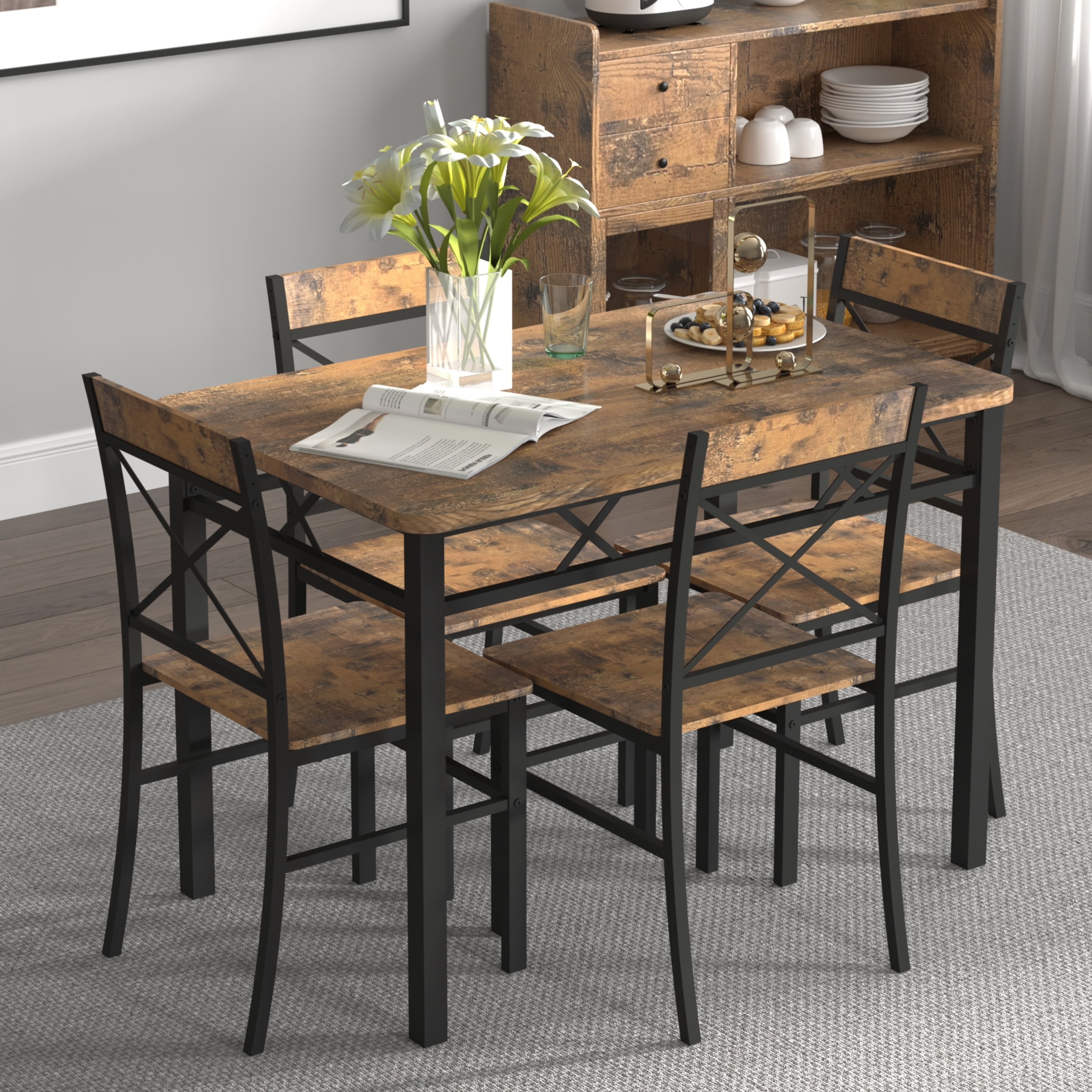 Aukfa Dining Table Set for 4, Wood Kitchen Table with Dinning Chair for Small Space, Brown