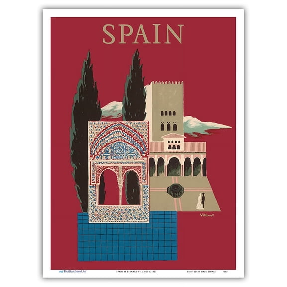 Spain - Spanish Mosaic Building - Vintage Travel Poster by Bernard Villemot c.1957 - Master Art Print (Unframed) 9in x 12in