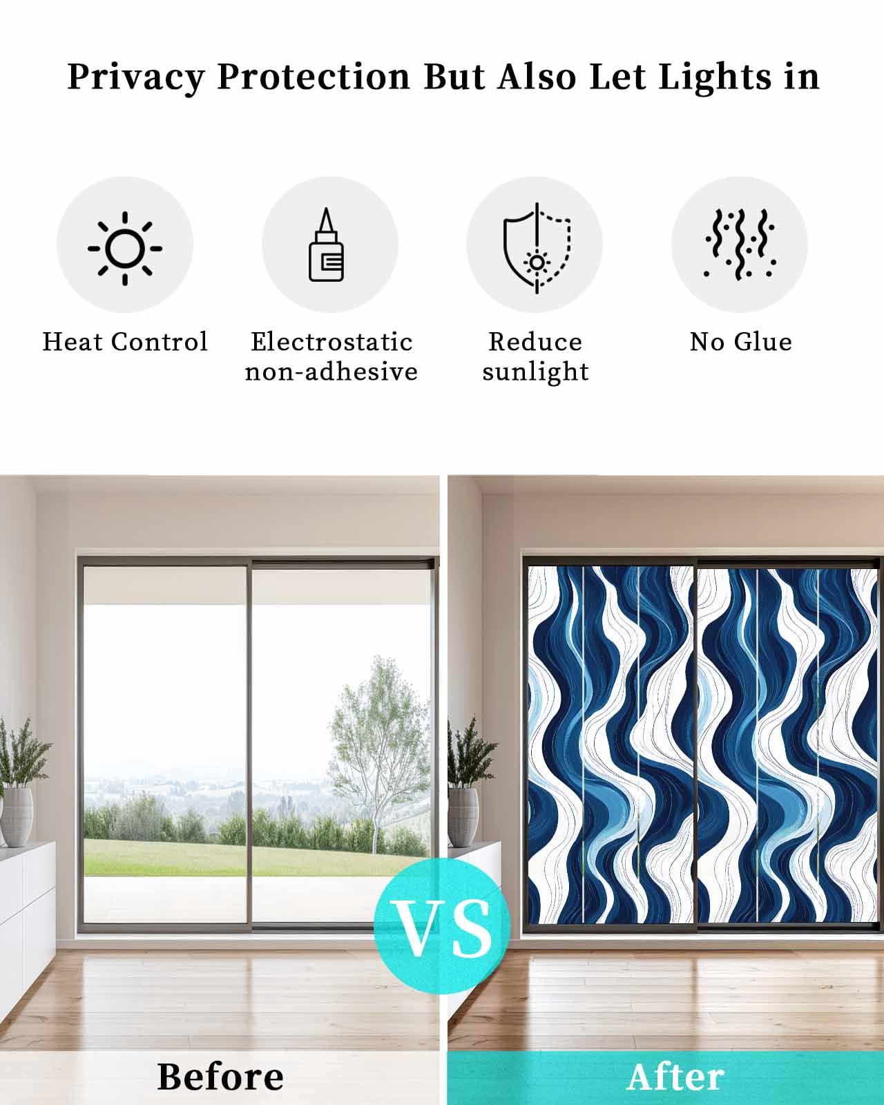 Window Privacy Film Blue Stripe Stained Glass Window Film Decorative Sun Block Window Cover Geometric White Coastal Wave Modern Ocean Window Clings Static Adhesive Sticker for Bathroom 35.4"x78.7"