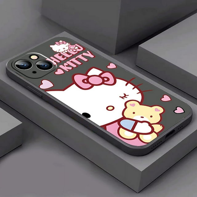 Cartoon Hello Kitty Cat Phone Case For iPhone 15 14 13 12 11 Pro Max Plus 12 13 Mini X XS Max Black Shell Shockproof Back RJ