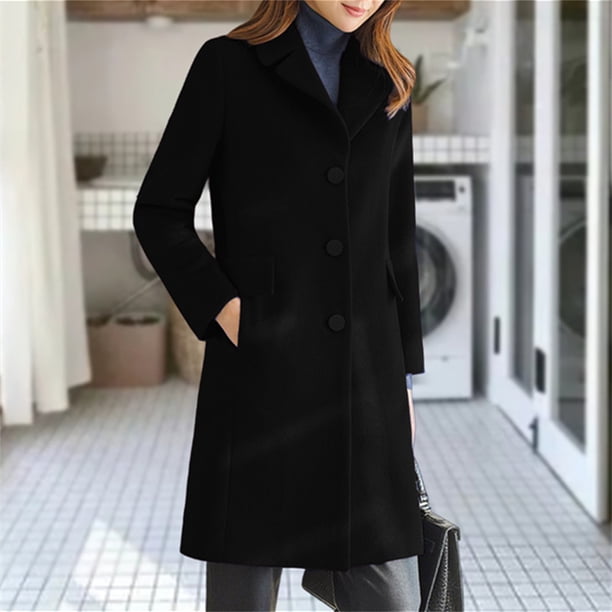 Chaqueta y abrigo informal de manga larga sin capucha para mujer, de lana, con bolsillos, color liso y botonadura larga, a la moda