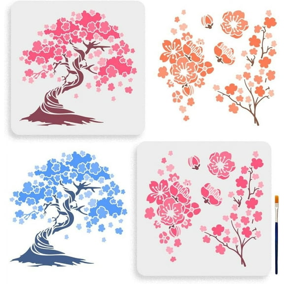 1Bag 2pcs Cherry Blossoms Stencils 11.8×11.8inch Large Blooming Stencil with Paint Brush Square Japanese Style Drawing Template for Wood Walls Canvas Furniture Crafts Art Projects