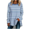 thumbnail image 3 of HVOBTTY Womens Long Sleeve Pullover T Shirt, Fall Tops for Women, Women's Casual Round Neck Striped Print Long Shirt Light Blue, XL, 3 of 5