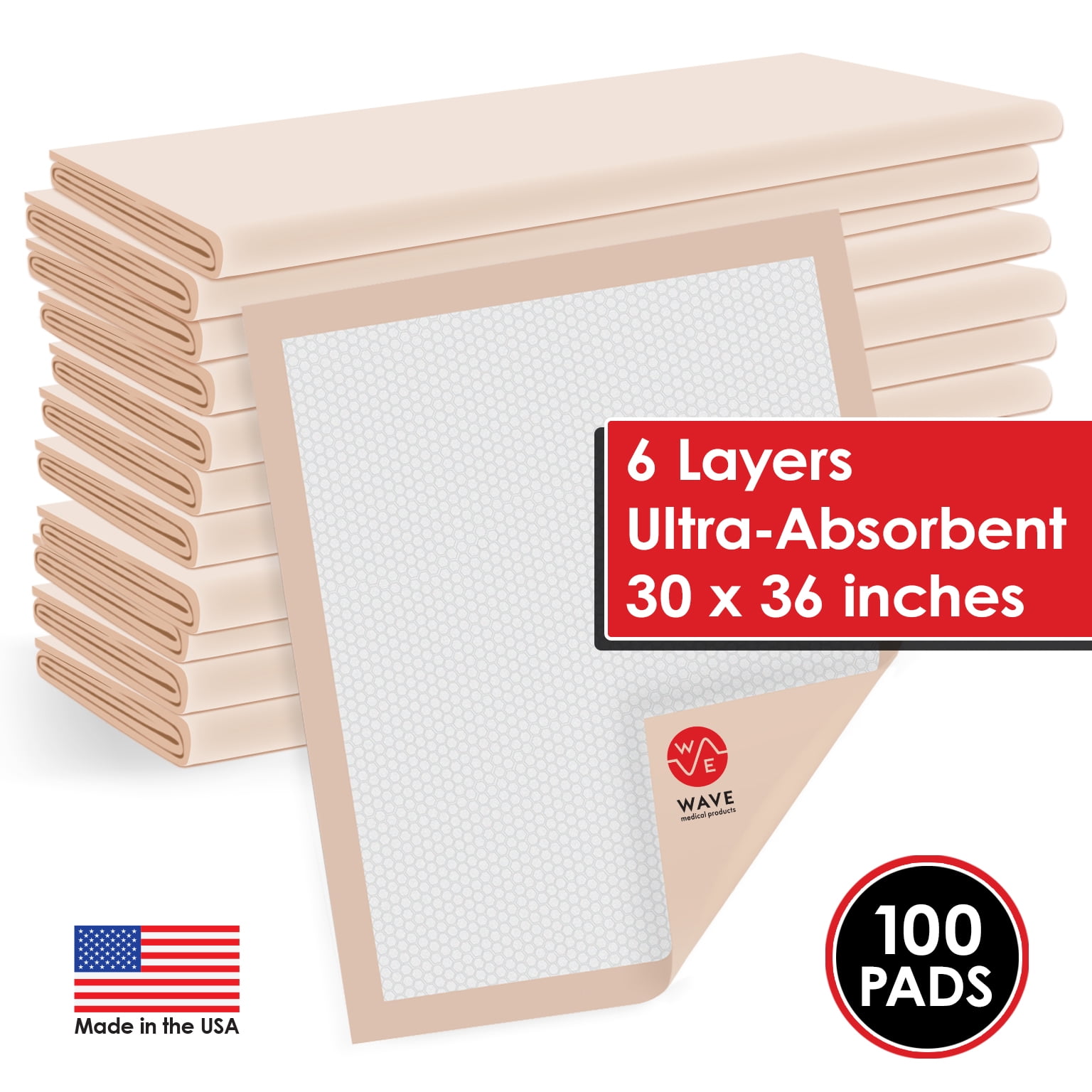 Wave Medical Products XL Ultra Absorbent Puppy Pads, Absorbent Polymer, 30 x 36, 100 Count, Waterproof, Pet Training Pads Made in the USA
