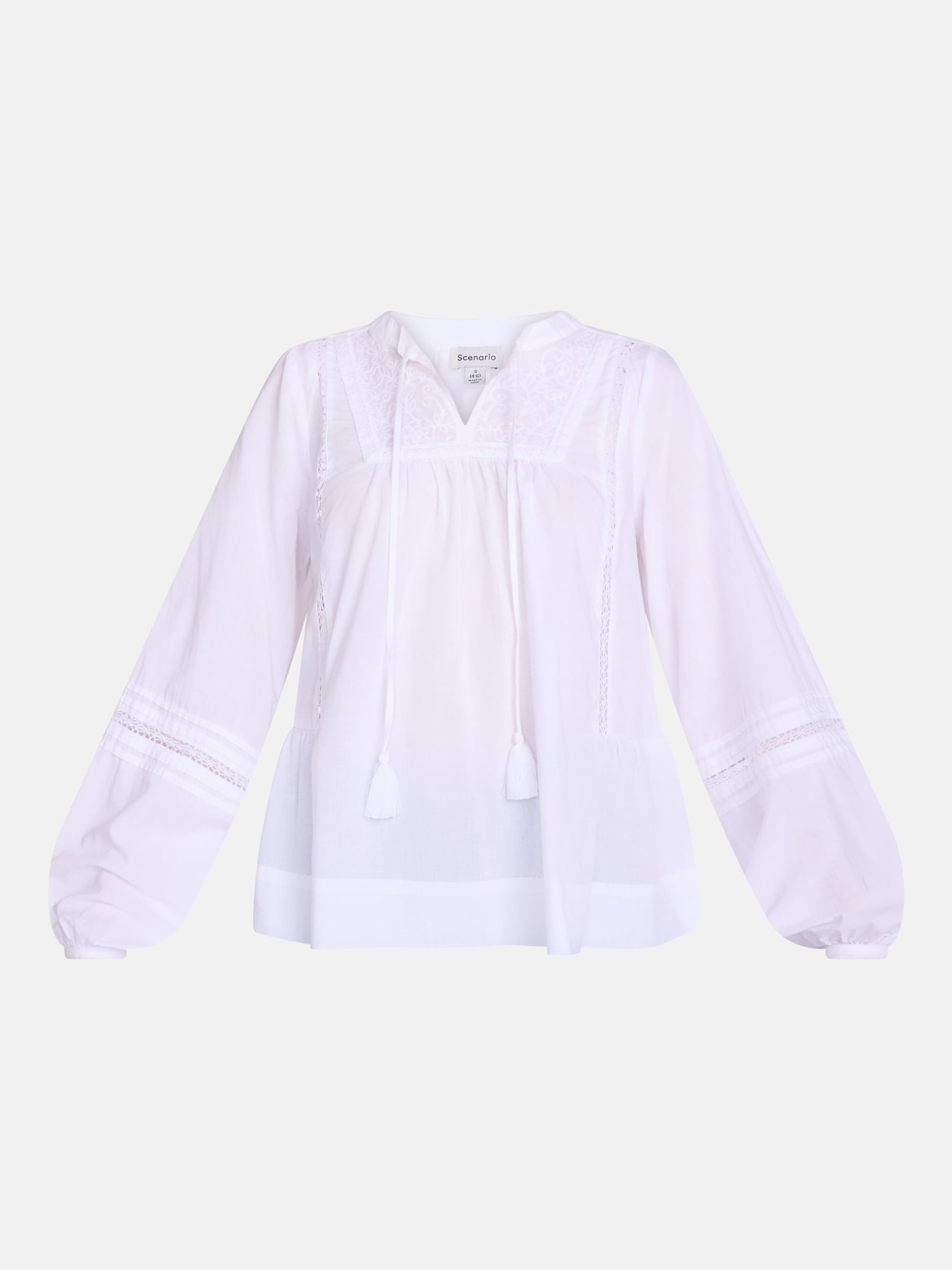 Scenario Women's and Women's Plus Embroidery Top with Lace Inserts, Sizes XS-4X