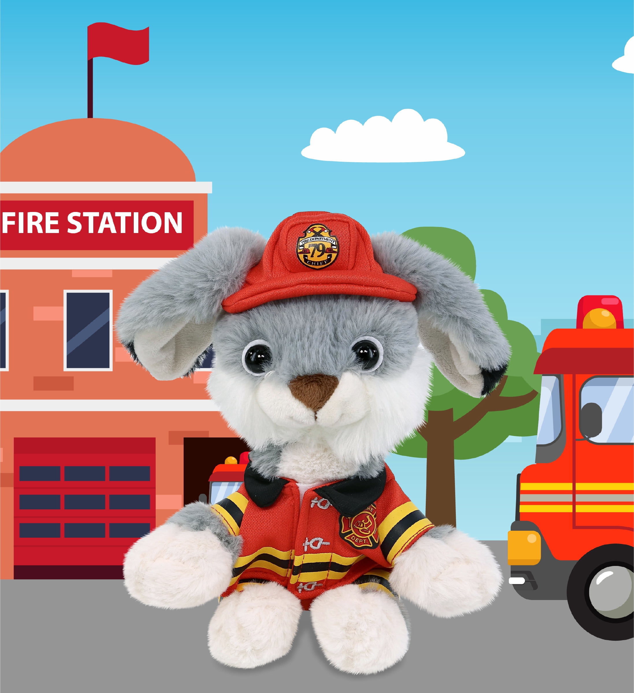 DolliBu Grey Rabbit Firefighter Stuffed Animal - Super Soft Rabbit Fireman Toy with Red Fireman Costume Outfit and Fireman Hat, Farm Life Stuffed Animal Fire Fighter Doll Plush Toy for Kids - 7 Inch