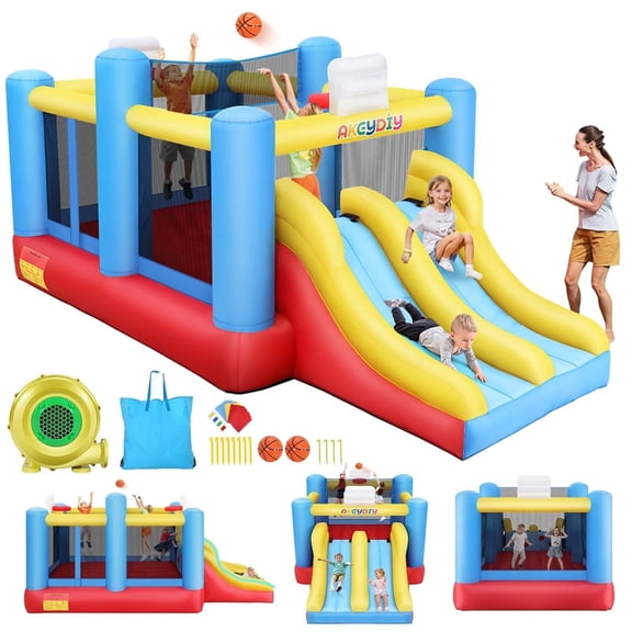 Adnoom Bounce House with 550W Blower, Bouncy Castle with Double Slides & Basketball Hoops, Inflatable Bounce House for Big Kids 3~10, Removable Volleyball Net, Indoor and Outdoor
