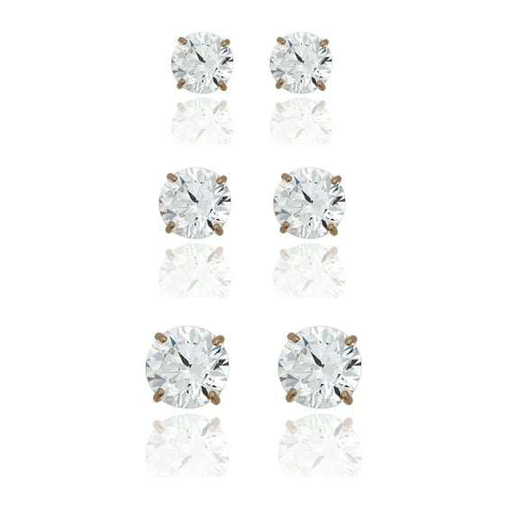 AVORA 3-pair 10K Yellow Gold Round Simulated Diamond CZ Stud Earrings Set, (4mm,5mm & 6mm)