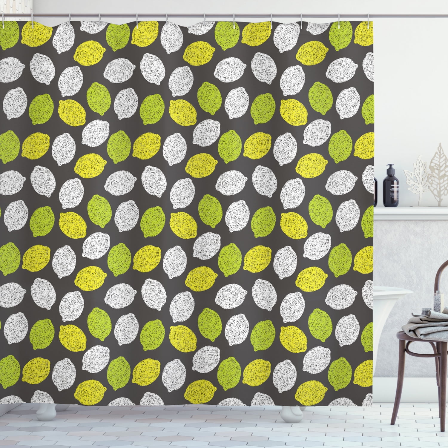 Lemons Shower Curtain, Neatly Scribbled Lemon Fruits on Plain