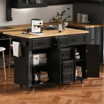 Harper & Bright Designs Kitchen Island with Drop Leaf, Rolling Kitchen Cart on Wheels with Doors, Drawers and Power Outlet for Dining Room, Black