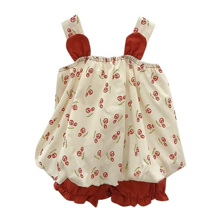 

HIBRO Summer Cherry Pattern Suspender Top Wooden Ear Edge Shorts Casual Suit Seaside Vacation For 1 To 6 Years Jumper Set Girls Jumpsuit 5