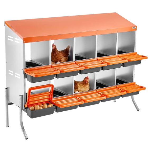 VEVOR Chicken Nesting Boxes, 10 Compartments, with Support Legs, Easy Egg Collection, Galvanized Steel and High-Strength Plastic, Roll Away Nesting Boxes for Chickens and Hens Laying Eggs, Orange