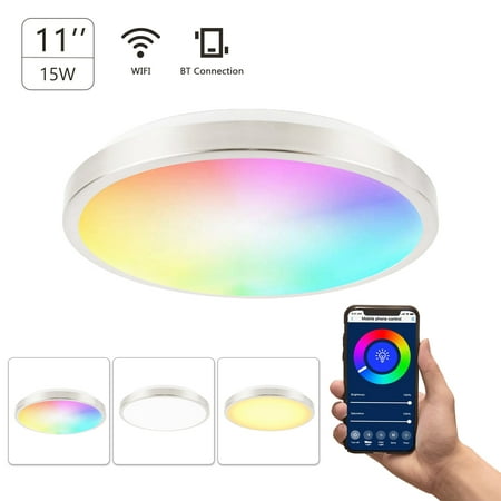 

Smart Ceiling Light 11-inch 15W Flush Mount Wi-Fi Ceiling Lamp 2700K-6500K White & RGB Multicolored Dimmable Ceiling Lights Voice Control APP Control Timing Function Intelligent LED Lamps Br