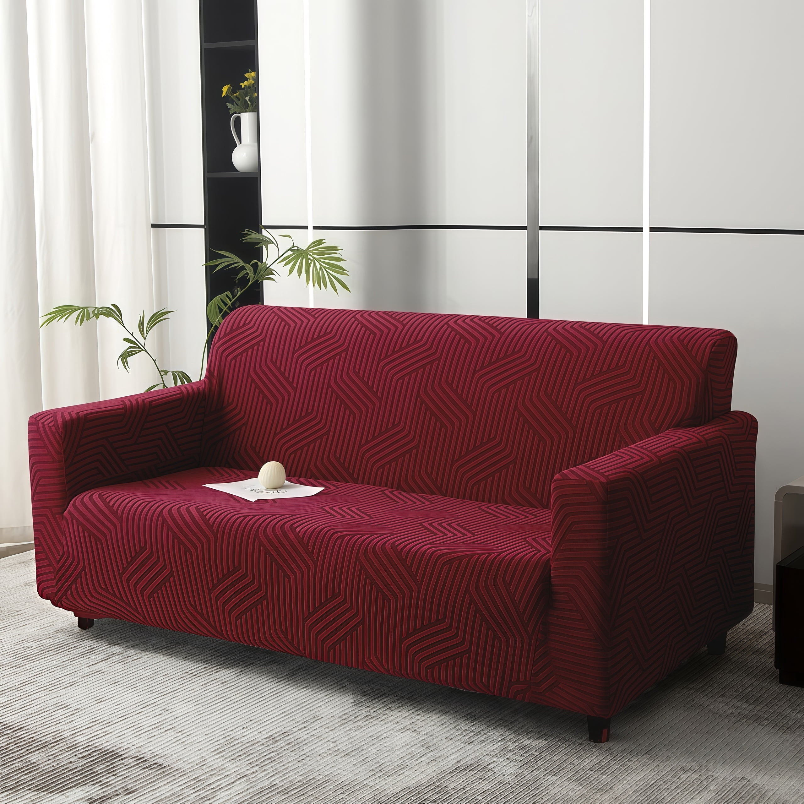 MJIAexp (55"-69") Stretch Sofa Cover Slipcover,Couch Covers for 2 Cushion Couch Sofa with sofa armrest,Pet Friendly Furniture Protector Sofa with Elastic Bottom for Kids,Jacquard lines(Dark Red)