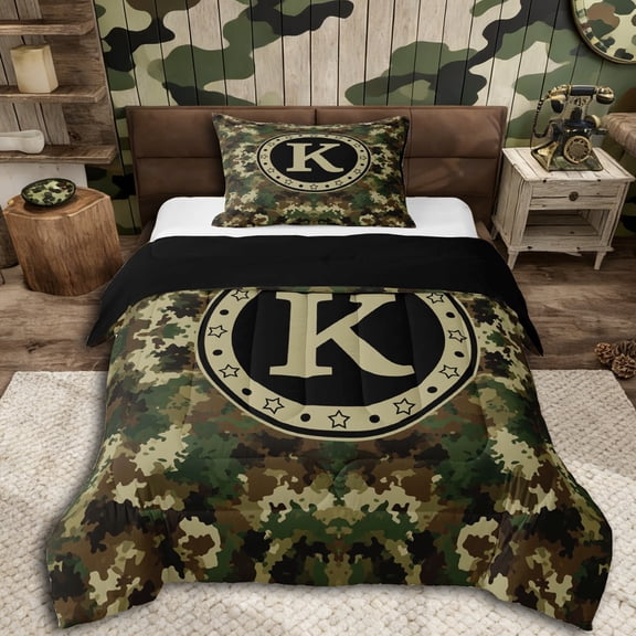 Erosebridal Boys K Personalized Initial Twin Comforter Sets 3-Piece,Abstract Camouflage Bedding Set,Black Reversible