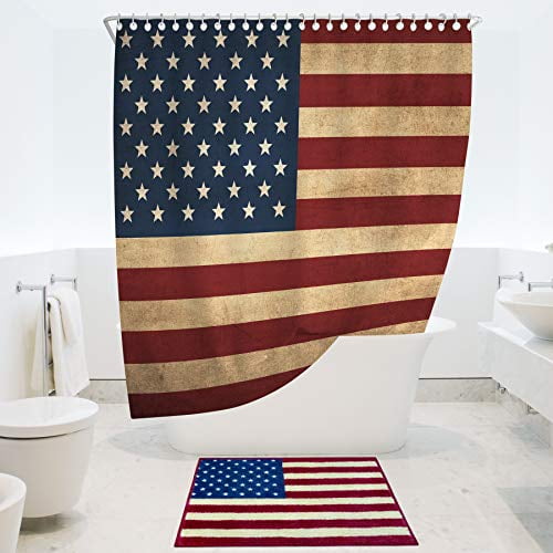 Americana Patriotic Rustic USA Flag Shower Curtain 4th July Stars Stripes Decor 