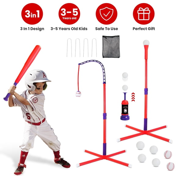 Moclever 3 in 1 Baseball Toy Set, Tee Ball Stand Hanging Tee Automatic Ball Launcher with Adjustable Height for 3-5Years Old Kids and Toddlers, Red