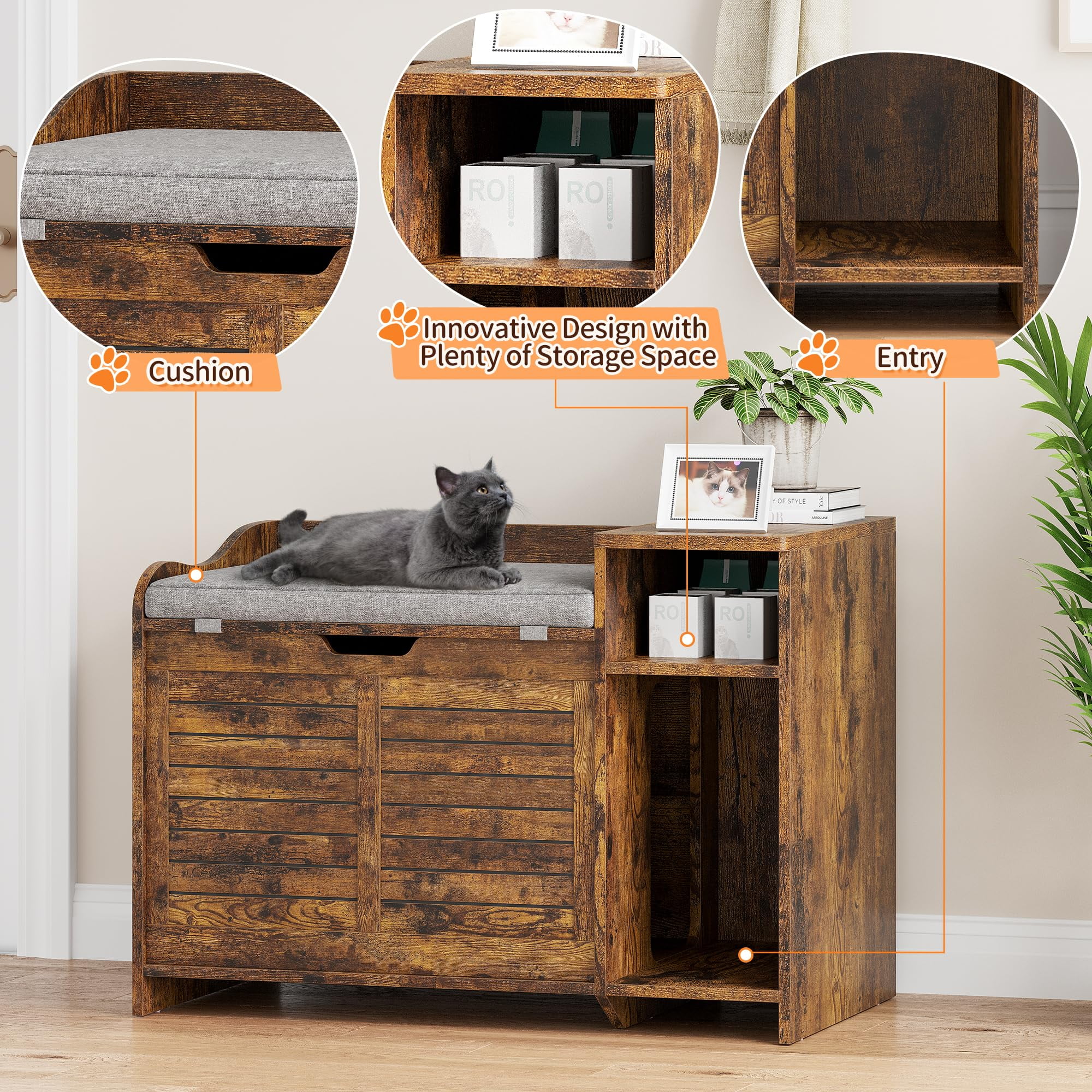 Cat Litter Box Furniture, Hidden Cat Litter Box Cabinet with Top Opening and Cushion, Privacy Cat Litter Box Enclosure with Storage, Litter Box Enclosure Furniture